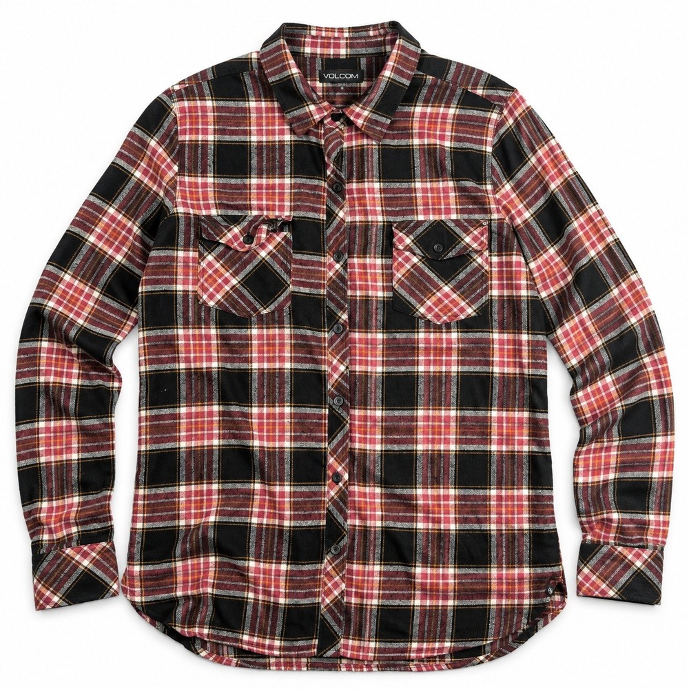 Volcom Mens Plaid Flannel Shirt Long Sleeve Red Black Cotton Size S